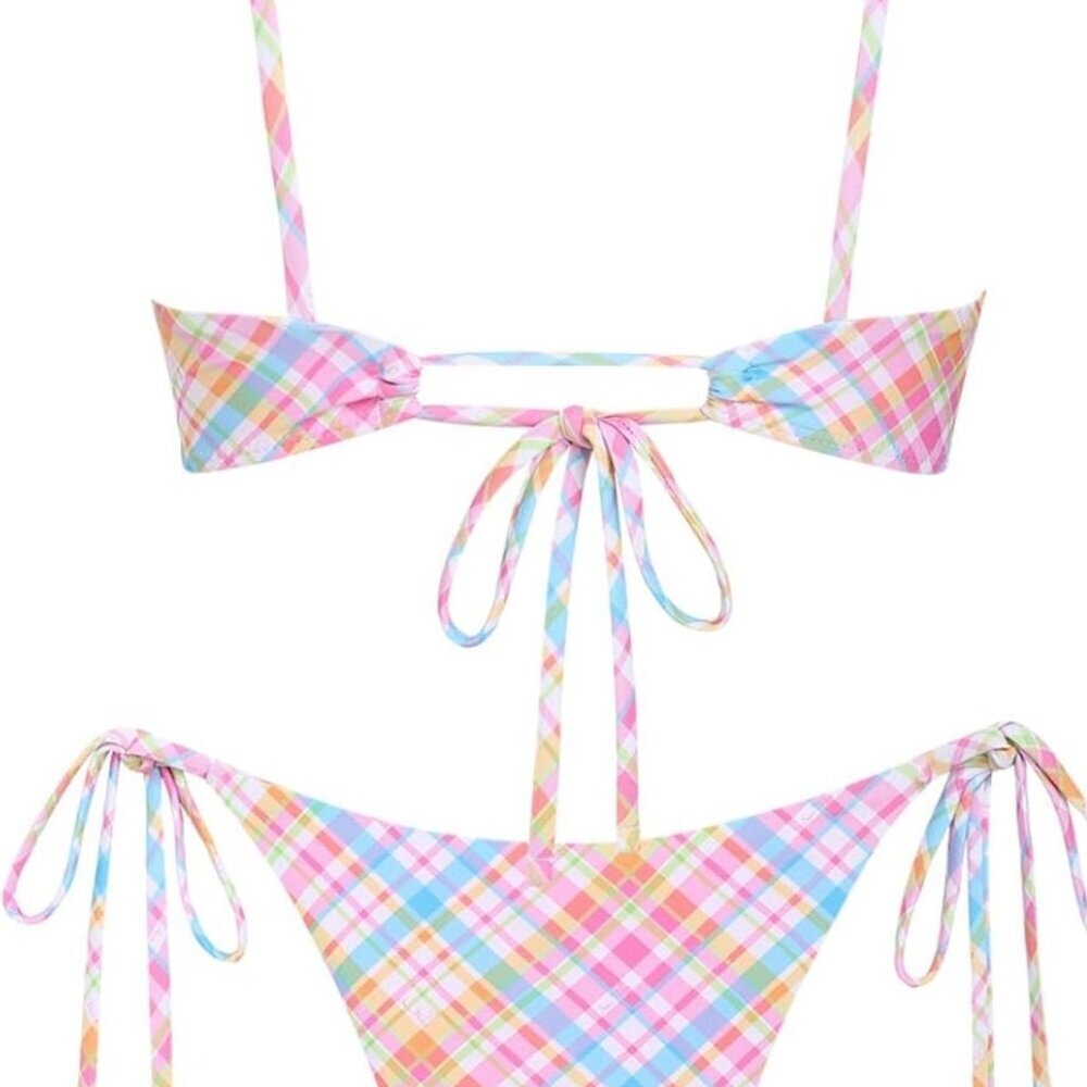 Gingham Hanky Hem Cinched Tied Back Tie Side Tankini Set,Light Pink,M/0066